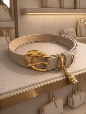 Simon Chang Beige Leather Belt with Gold Oval Buckle and Tassel